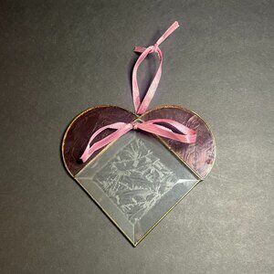 Pink Stained Glass Etched Beveled Heart Shaped Suncatcher Ornament w/ Ribbon Bow